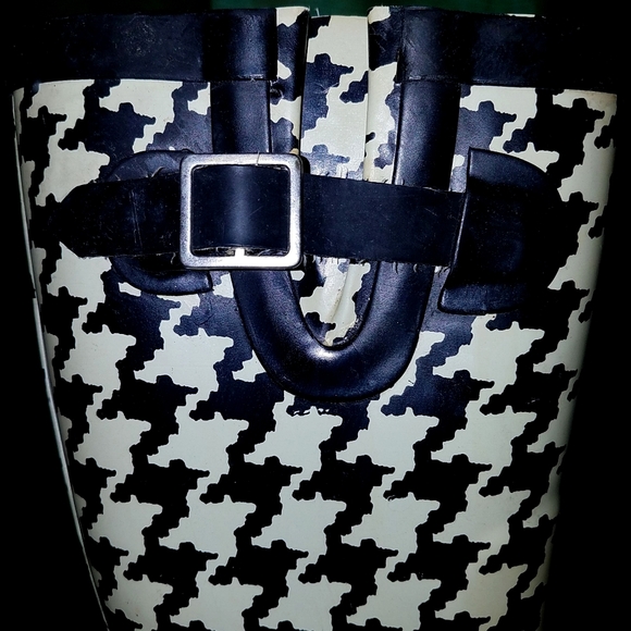 Black White Houndstooth Mid-Calf Pull-On Rubber Rain Boots Adjustable Straps W/6 - Picture 8 of 11